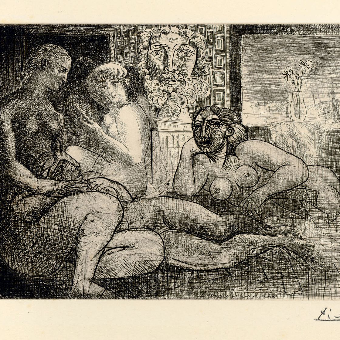 Pablo Picasso — "Четыре молодые женщины и две скульптуры" из "Сюиты Воллара" (стр. 219; стр. 424)