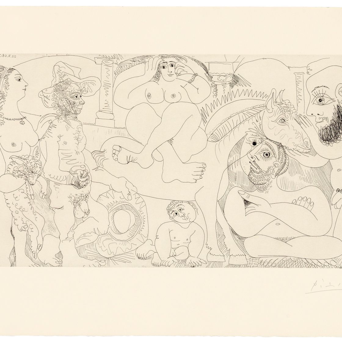 Pablo Picasso — Группа женщин в возрасте Аньо, одалиска-хозяйка и автопортрет в гараже, из серии 347