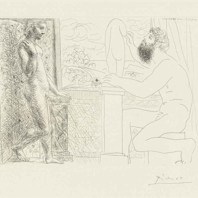Pablo Picasso — Скульптор и сын, создающий модели у окна, от: La Suite Vollard (B. 168; Ba. 321)