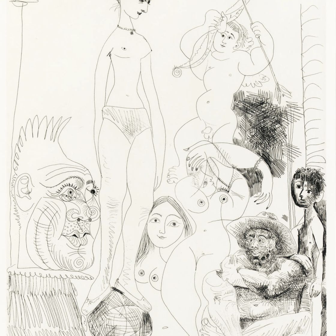 Pablo Picasso — Автопортрет с перевоплощением и приключениями сироты в цирке, с Жаклин в роли акробатки из "Ла Сери 347" (В. 1489; В. 1504)