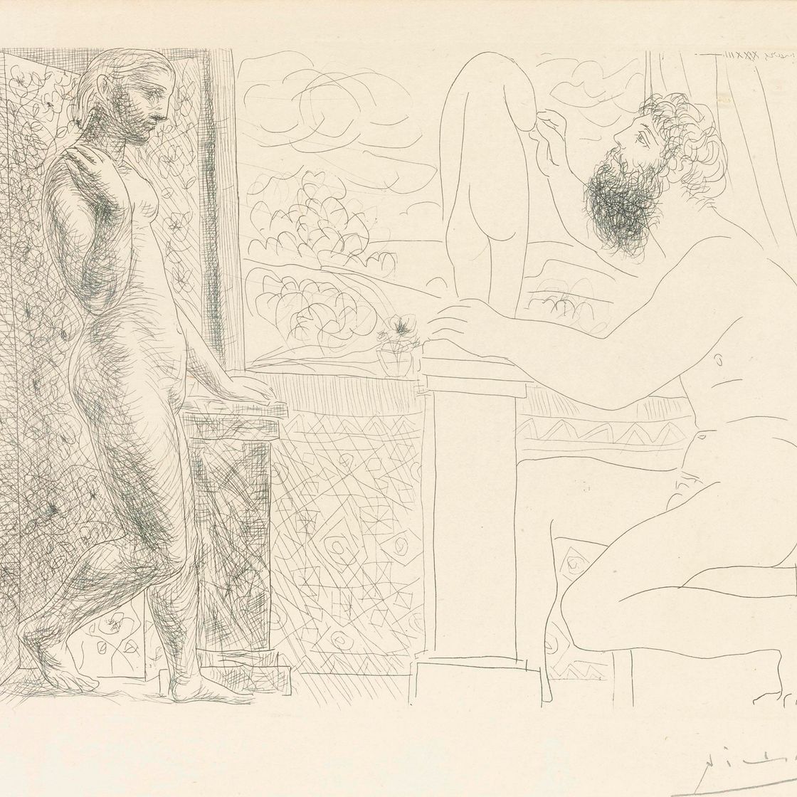 Pablo Picasso — Скульптор и сын, создающий модели у окна, от: La Suite Vollard (B. 168; Ba. 321)