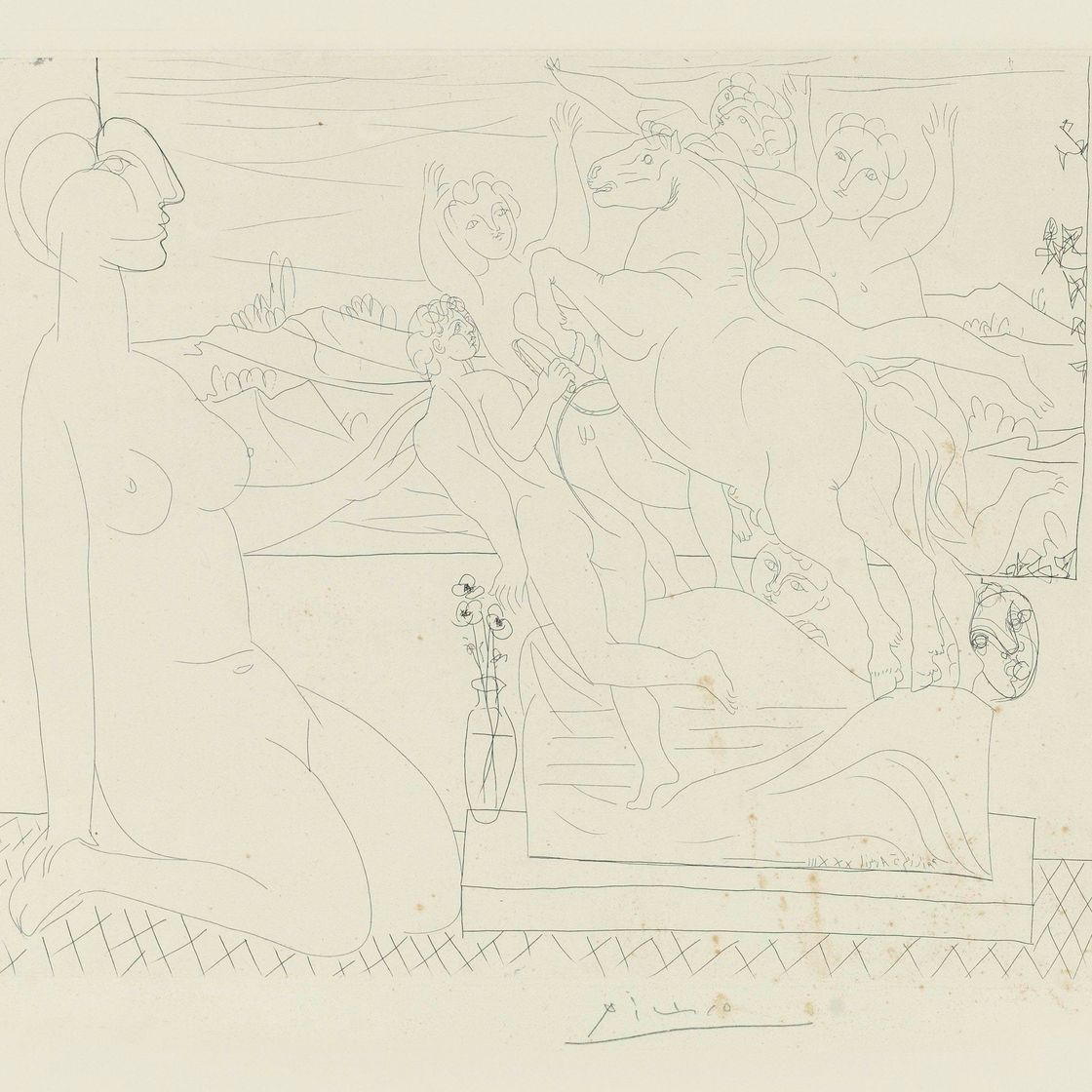 Pablo Picasso — Мария-Тереза Аженуйе, созерцательница в группе скульпторов, из "Ла Сюит Воллар" (B. 175; Ba. 328)