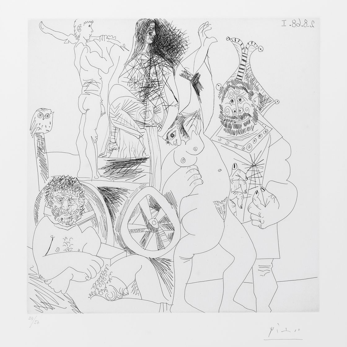 Pablo Picasso — Привал для комедиантов на колесах, когда они спят и наряжаются в наряды для молодой женщины, из "Ла Сери 347", изображение 1