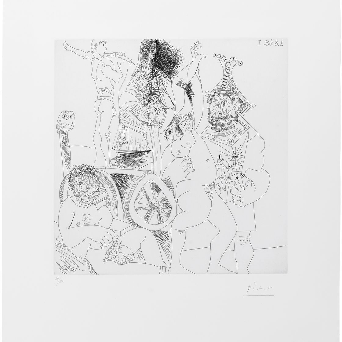 Pablo Picasso — Привал для комедиантов на колесах, когда они спят и наряжаются в наряды для молодой женщины, из "Ла Сери 347", изображение 3