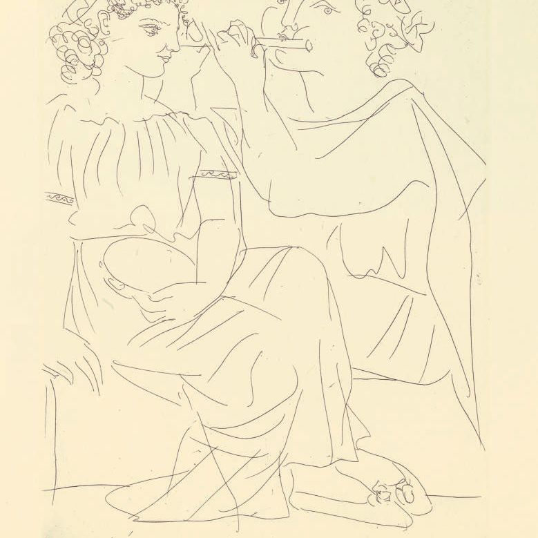 Pablo Picasso — "Флейтистка и молодая девушка на тамбурине" из оперы "Сюита Воллара" (ч. 213; Ба. 412)