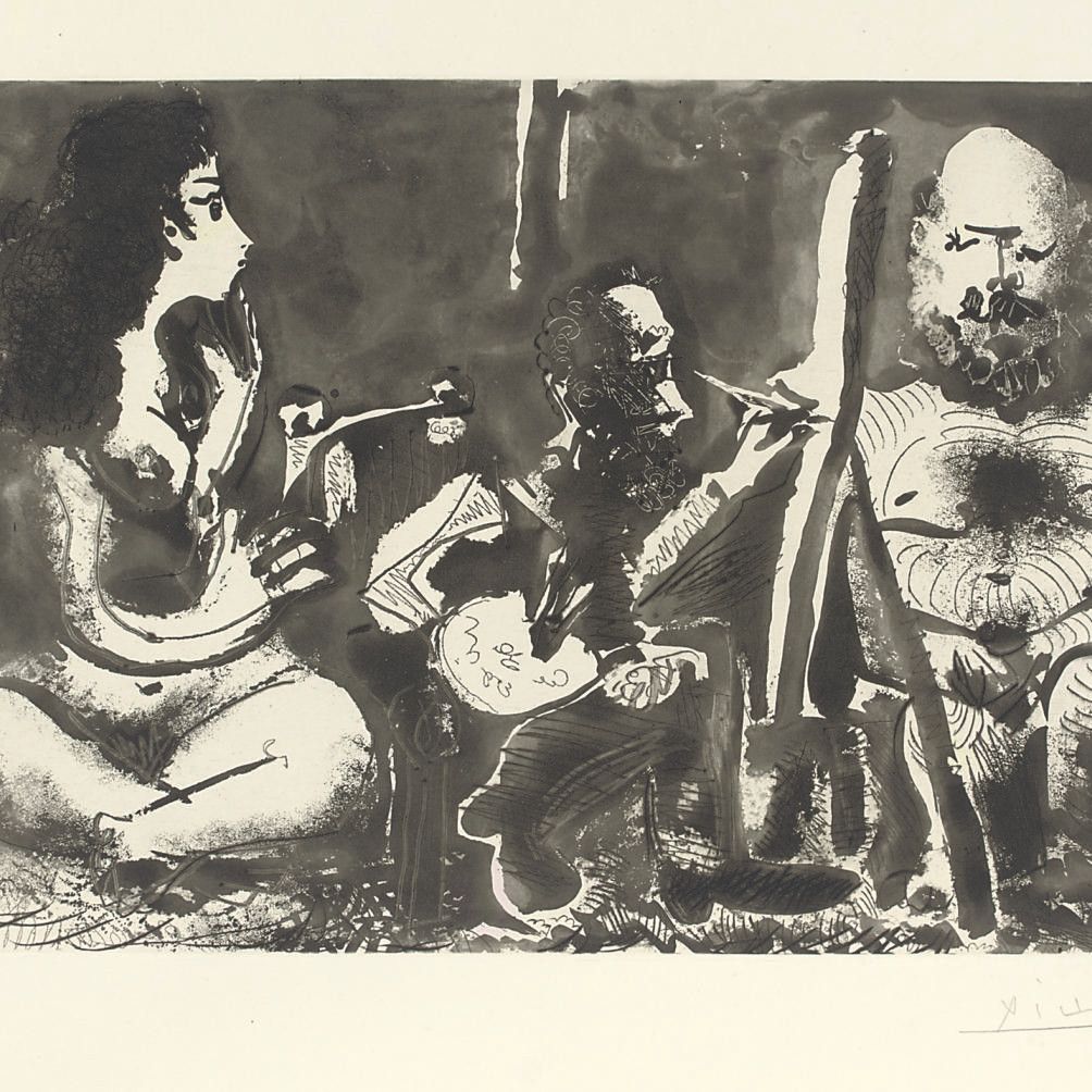 Pablo Picasso — Девочка в родах, модель барбу и зрительница в сопровождении хвостатого, из "Синих глаз Барселоны" (B. 1130; B. 1127 Bb)