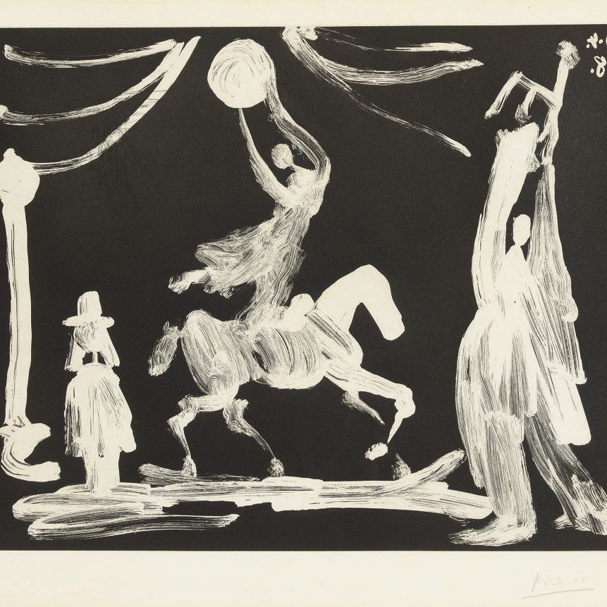 Pablo Picasso — В цирке: Экюер, клоун и пьеро из "Ла Сери 347" (1522 г. до н.э.; 1538 г. до н.э.)