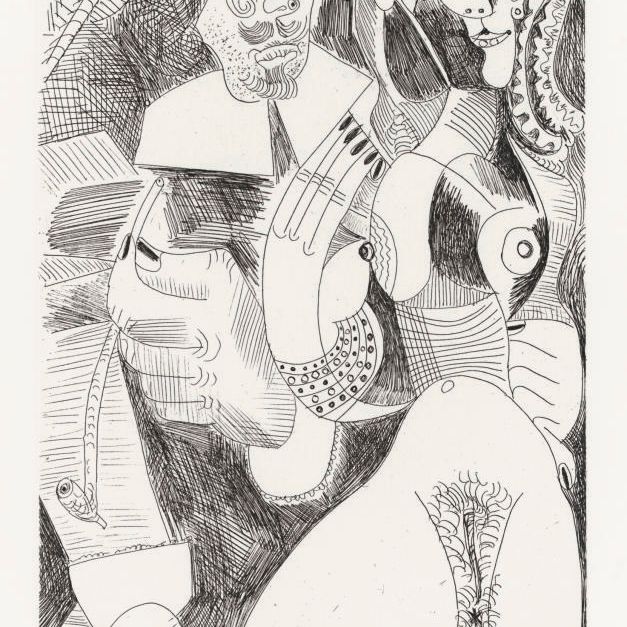 Pablo Picasso — "Человек Рембранский с трубкой и куртизанкой", из серии 347 (1705 г.р.; 1721 г. р. А.)