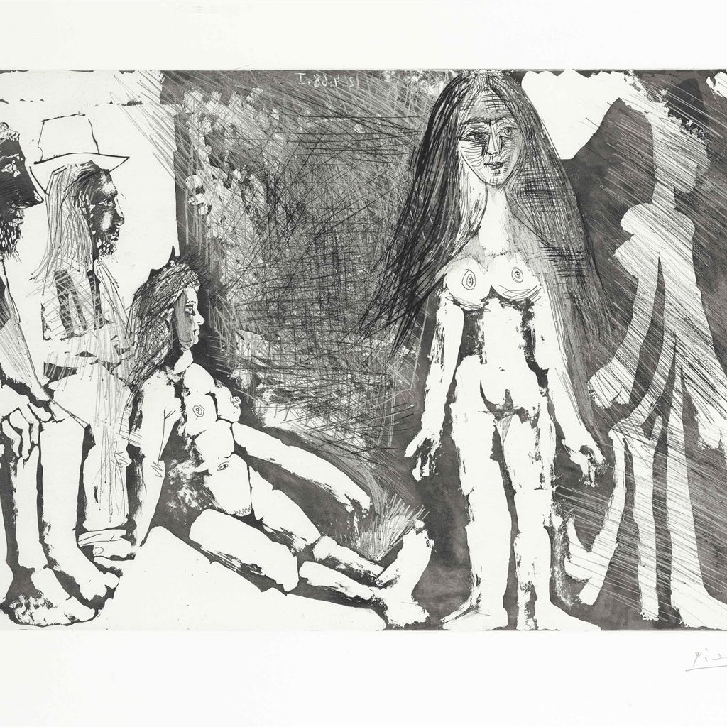 Pablo Picasso — Молодая девушка, с уважением относящаяся к женскому полу и двум мужчинам, которые не живут на гитане, из "Ла Сери 347"