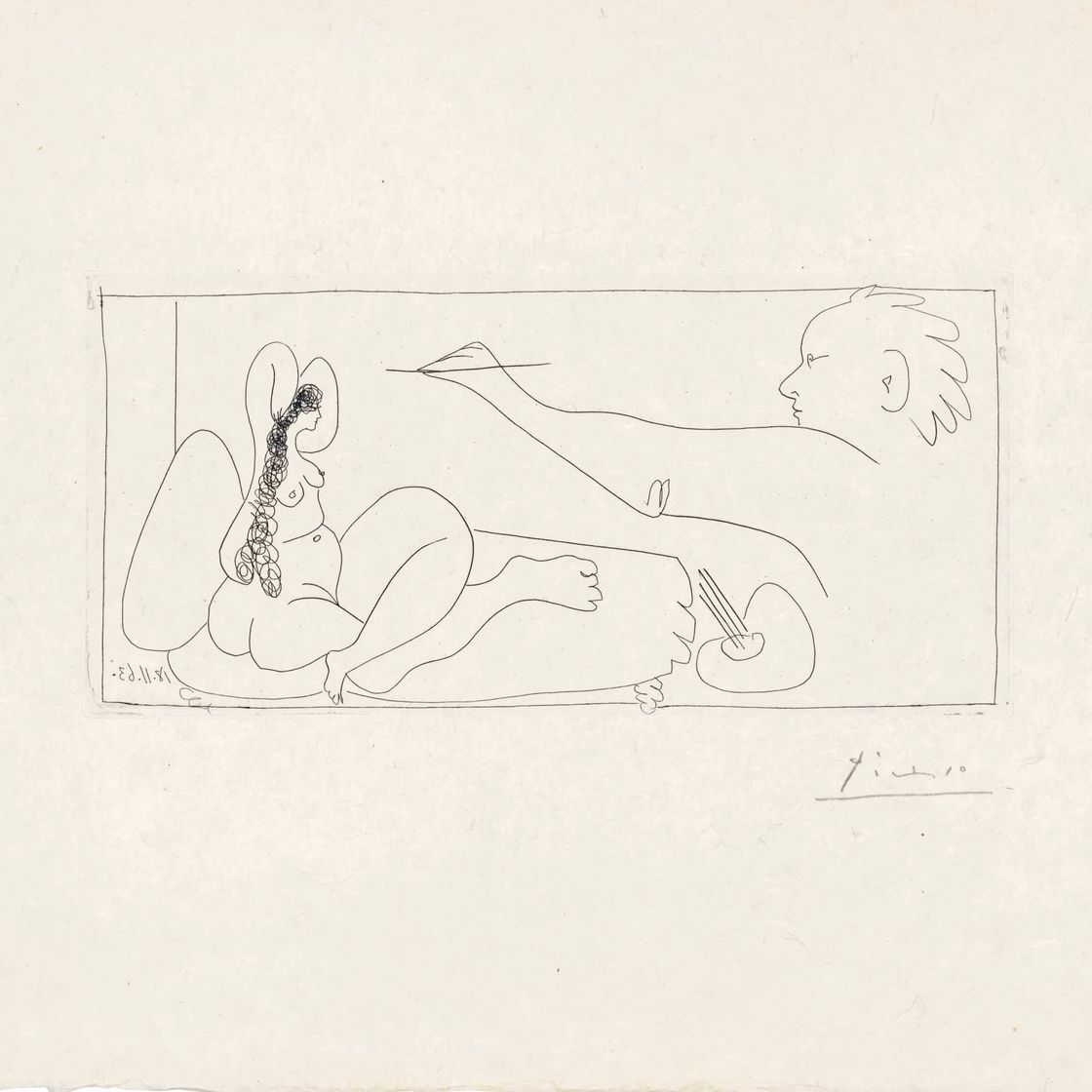 Pablo Picasso — История и модель человека, из "Дам Мужена" (Блох, 1131; Бэр, 1128; см. книги Крамера, 127)