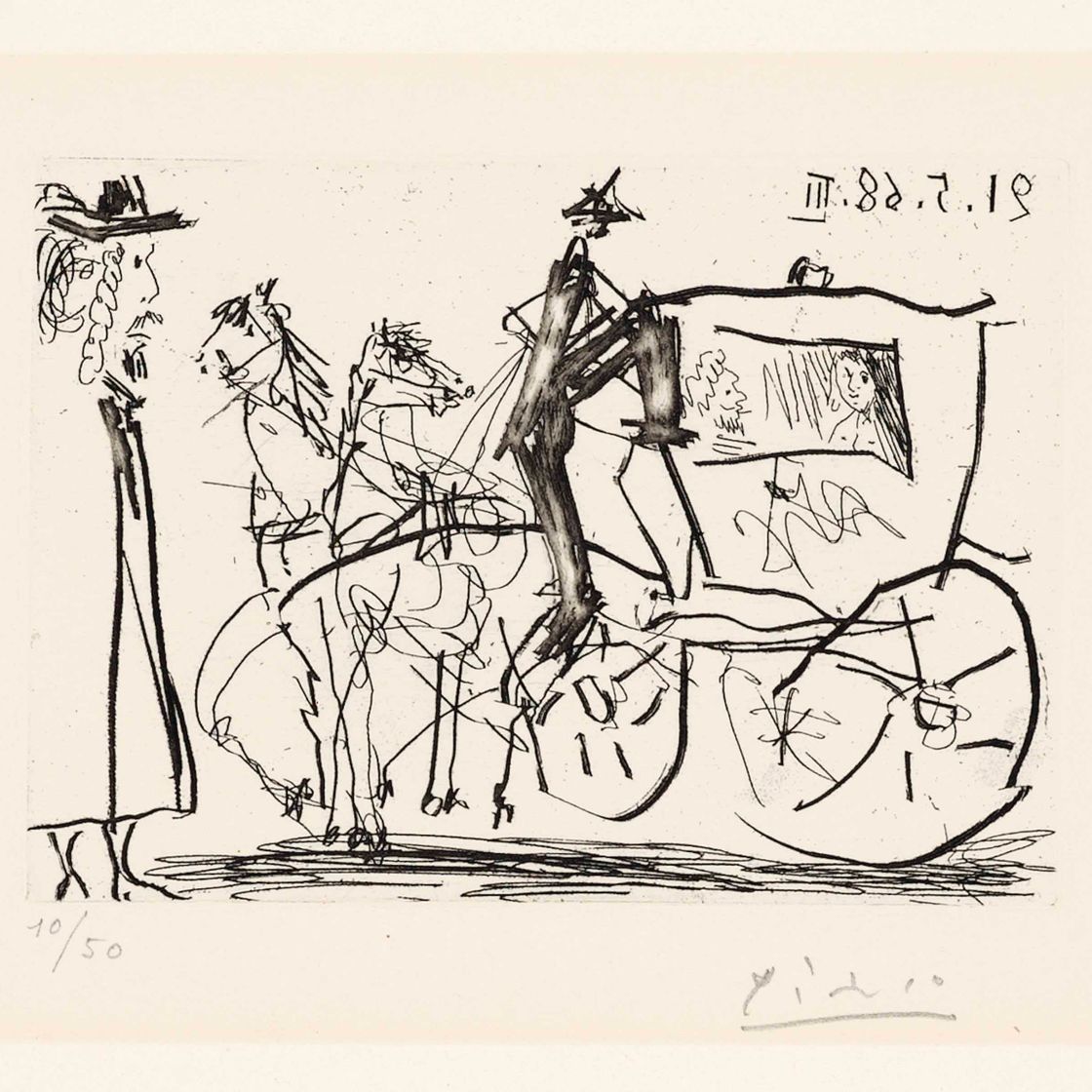 Pablo Picasso — Мужчина, наблюдающий за парой в конном экипаже, серия 347 (Блох, 1583; Бэр, 1599)