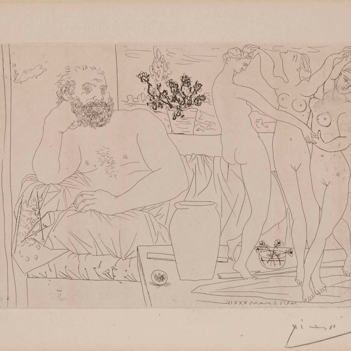 Pablo Picasso — Скульптор и трое танцовщиц, скульптурная композиция "Планше" из сюиты Воллара (Блох 217; Медведь 421 г. до н.э.), изображение 2