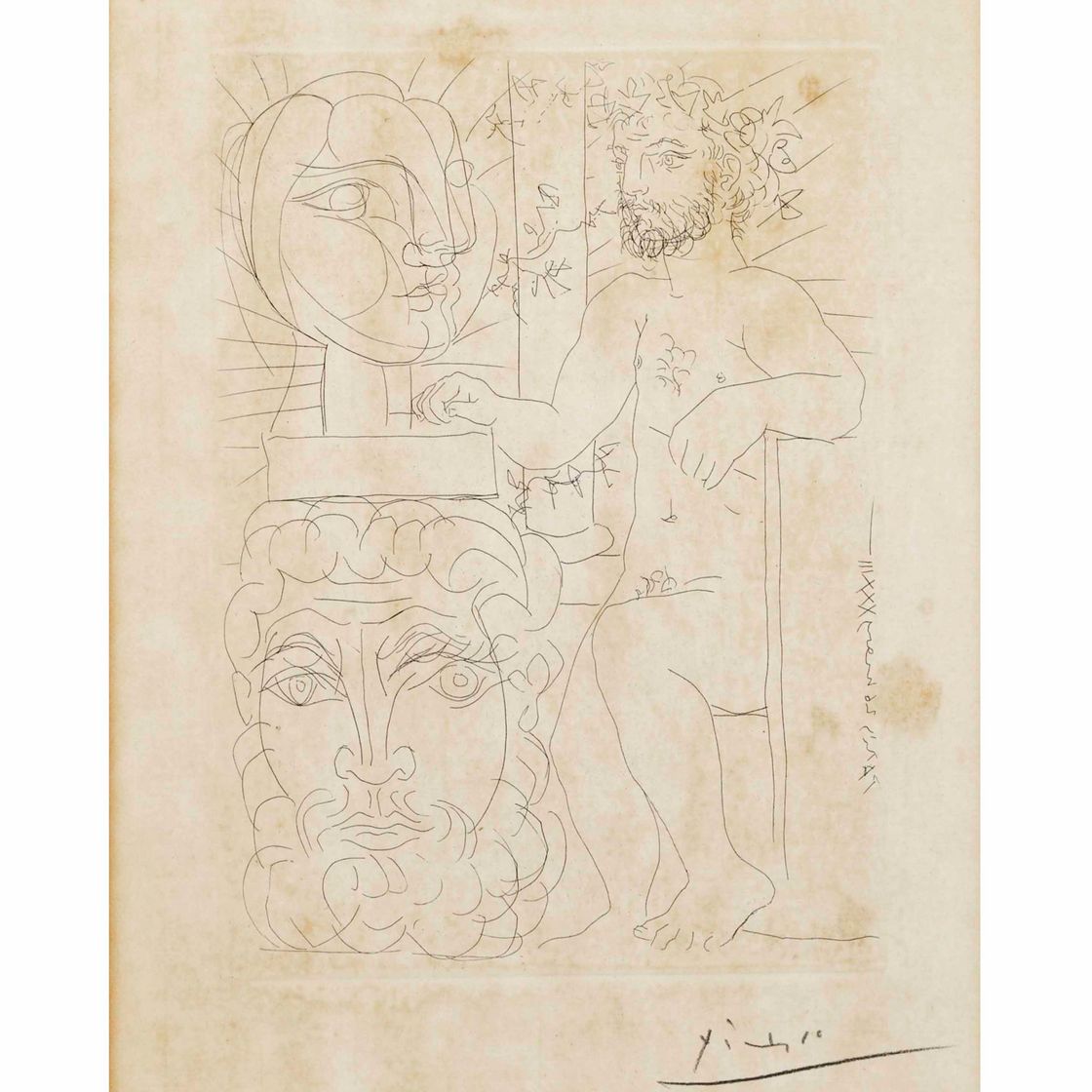 Pablo Picasso — Скульптор и двое наедине, скульптор - автопортрет скульптора и сына, скульптурный слуга в цоколе наедине с Марией-Терезой, пл. 48 (из сюиты Воллара) (Б. 157)