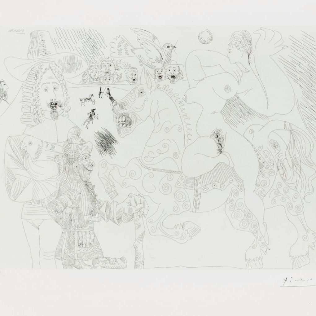 Pablo Picasso — Выездка для цирка, авэк, премьер-лиги, экюйер, фокусник и коломба де Ноэ, из "Ла Сери 156" (р. 1891; бакалавр 1897)