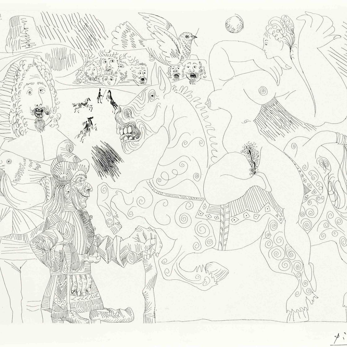 Pablo Picasso — Выездка для цирка, авэк, Премьер-лиги, Экюйер, Фокусник и Коломба де Ноэ, из "Ла Сери 156" (р. 1891; бакалавр 1897)