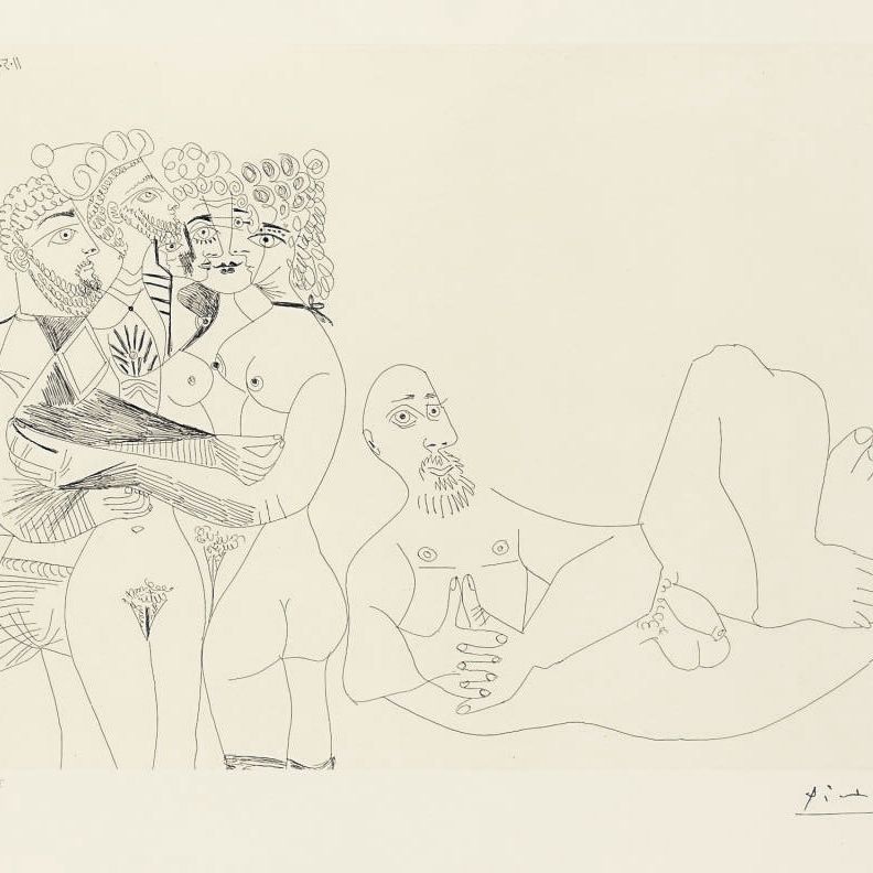 Pablo Picasso — Барбу фантазмант. Женщины, мужчины и мужчины по-гречески в женском корпусе, из серии 156 (Р. 1977; бакалавр 1986)