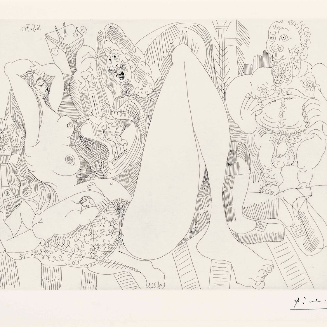Pablo Picasso — Музыкант и обнаженный старик, рассматривающие обнаженную натуру со спящим ребенком, из серии 156 (Блох, 1906; Бэр, 1912)