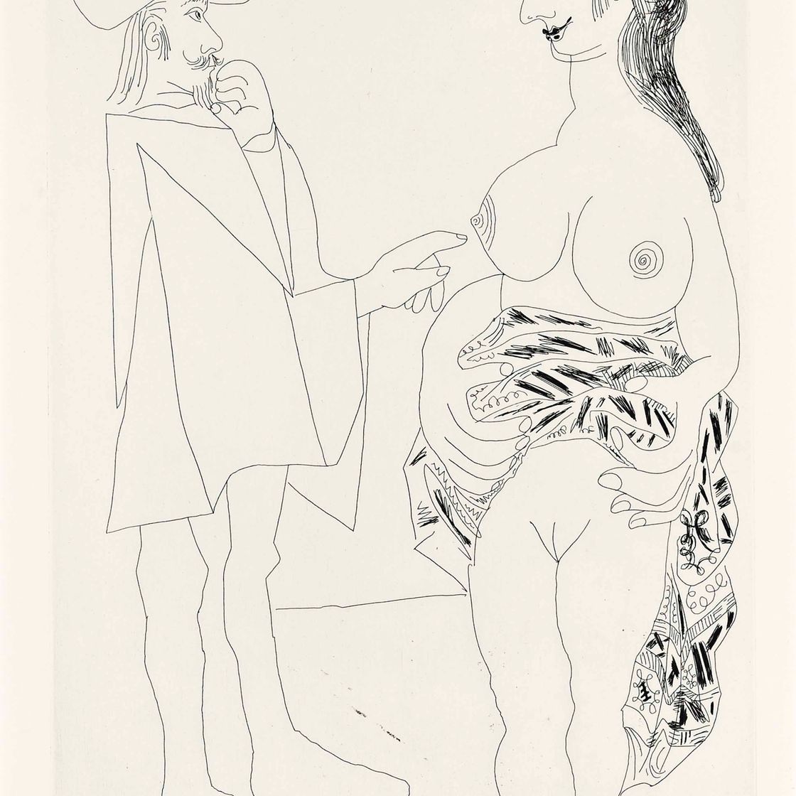 Pablo Picasso — Мужчина, прикасающийся к груди стоящей обнаженной женщины, из серии 156 (Блох, 1907; Бэр, 1913)