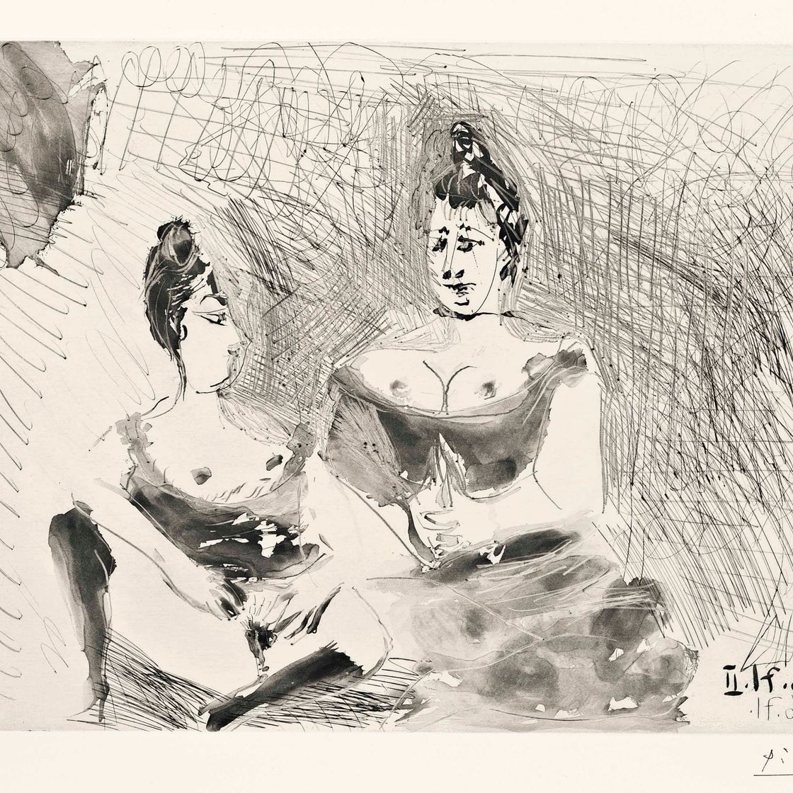 Pablo Picasso — Две проститутки в дезабилье, расслабляющиеся, из 156 серии (Блох, 2008; Баер, 2018)