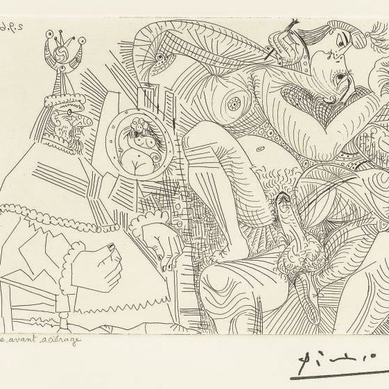 Pablo Picasso — Рафаэль и Форнарина. XII: Танец с сыном Фортуны, "Отец, отправленный на тот свет", из серии 347 (р. 1787; Р. 1804)