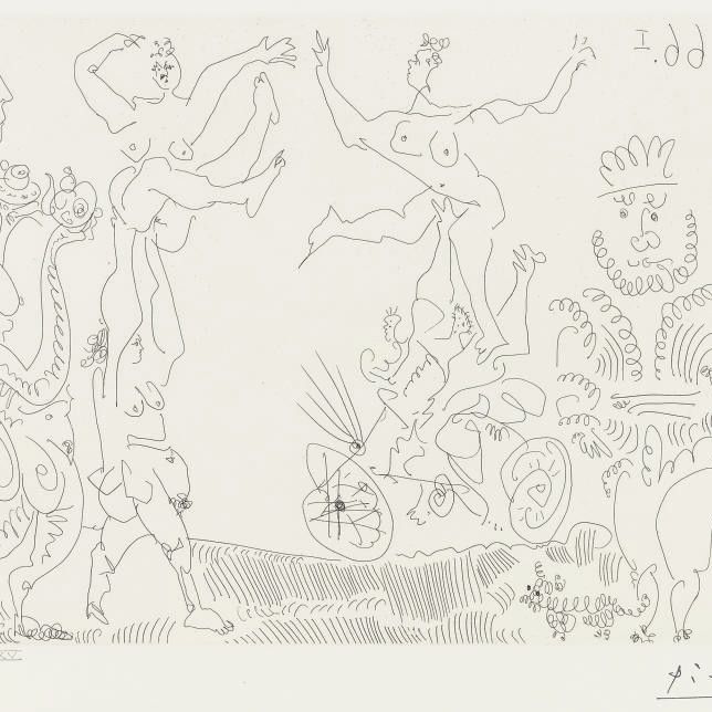 Pablo Picasso — Акробаты, играющие с королем и сыном маленького мальчика, сопровождающие Леура те (Р. 1427; Р. 1455)