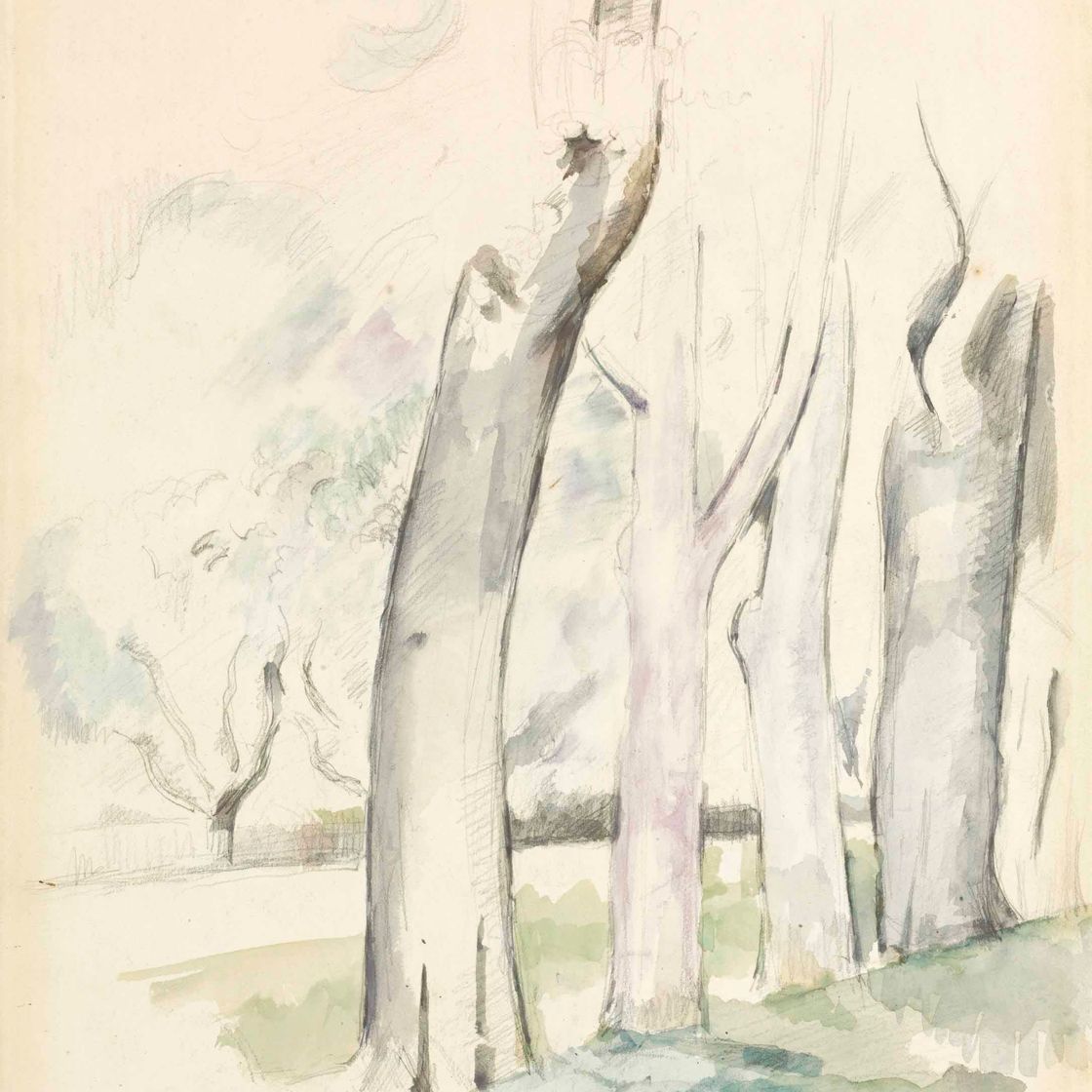 Paul Cézanne — Деревья на границе одного маршрута ( справа ); На берегу реки Буффан ( сзади )