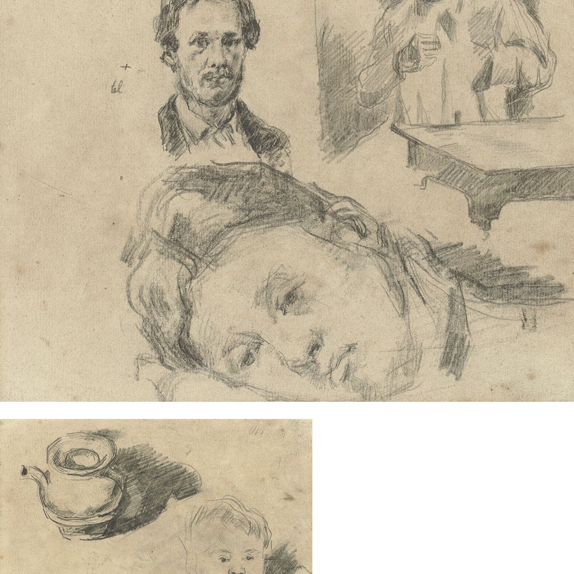 Paul Cézanne — Страница с этюдами, в том числе о шитье мадам Сезанн (прямая сторона), "Голова сына художника" и "чайник" (оборотная сторона).