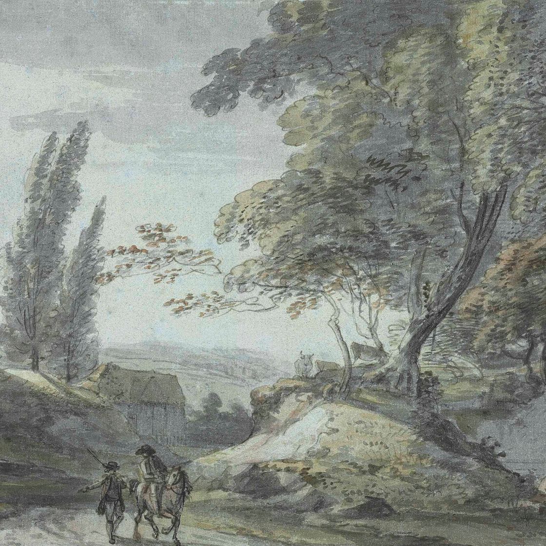 Paul Sandby — Путешественники беседуют на проселочной дороге в лесистом ландшафте