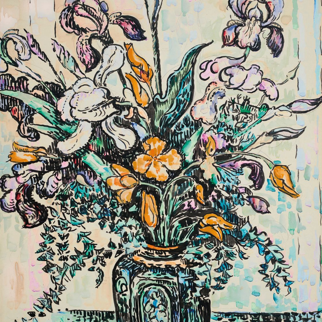 Paul Signac — Букет (ирис, арум, тюльпаны) без вазы для Андре Метти, изображение 1