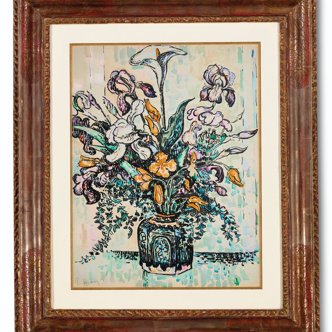 Paul Signac — Букет (ирис, арум, тюльпаны) без вазы для Андре Метти, изображение 2
