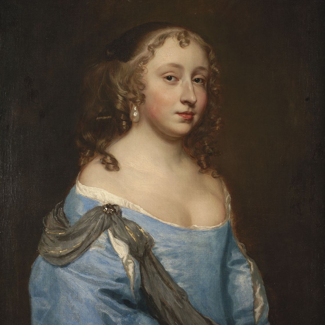Peter Lely — Портрет дамы в полный рост, в голубом платье и жемчужных серьгах