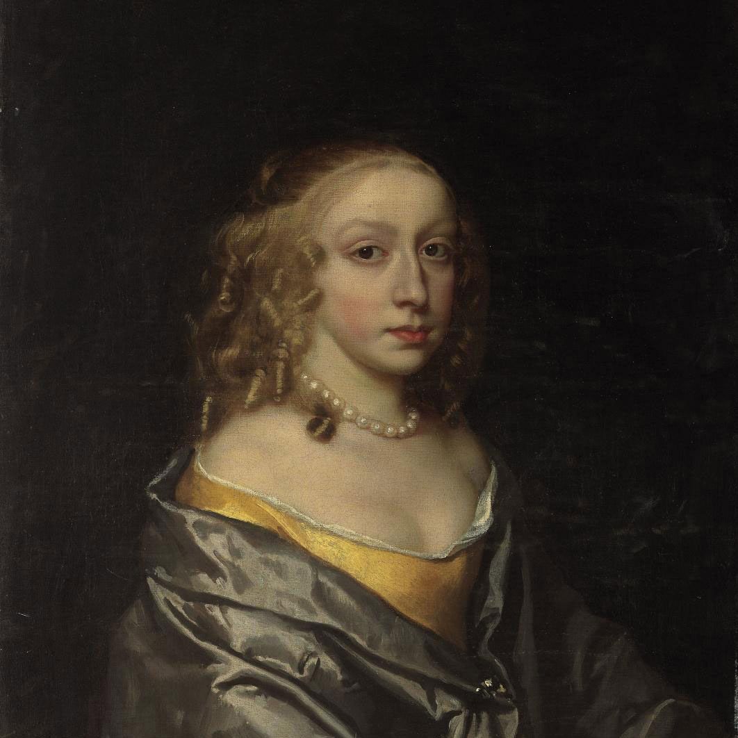 Peter Lely — Портрет Мэри Ли, жены сэра Джона Морли, в полный рост, в желтом платье и голубой накидке, с жемчужным ожерельем