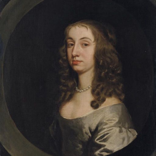 Peter Lely — Портрет леди, которую традиционно называют Джейн, жены сэра Николаса Пелхэма, во весь рост, в сером платье и жемчугах, в скульптурном картуше