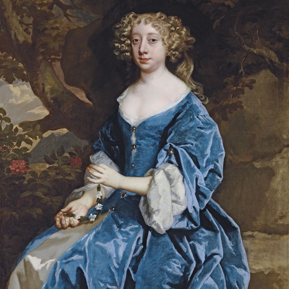 Peter Lely — Портрет дамы в три четверти роста, в голубом платье, с гирляндой из маргариток в руках, на фоне пейзажа