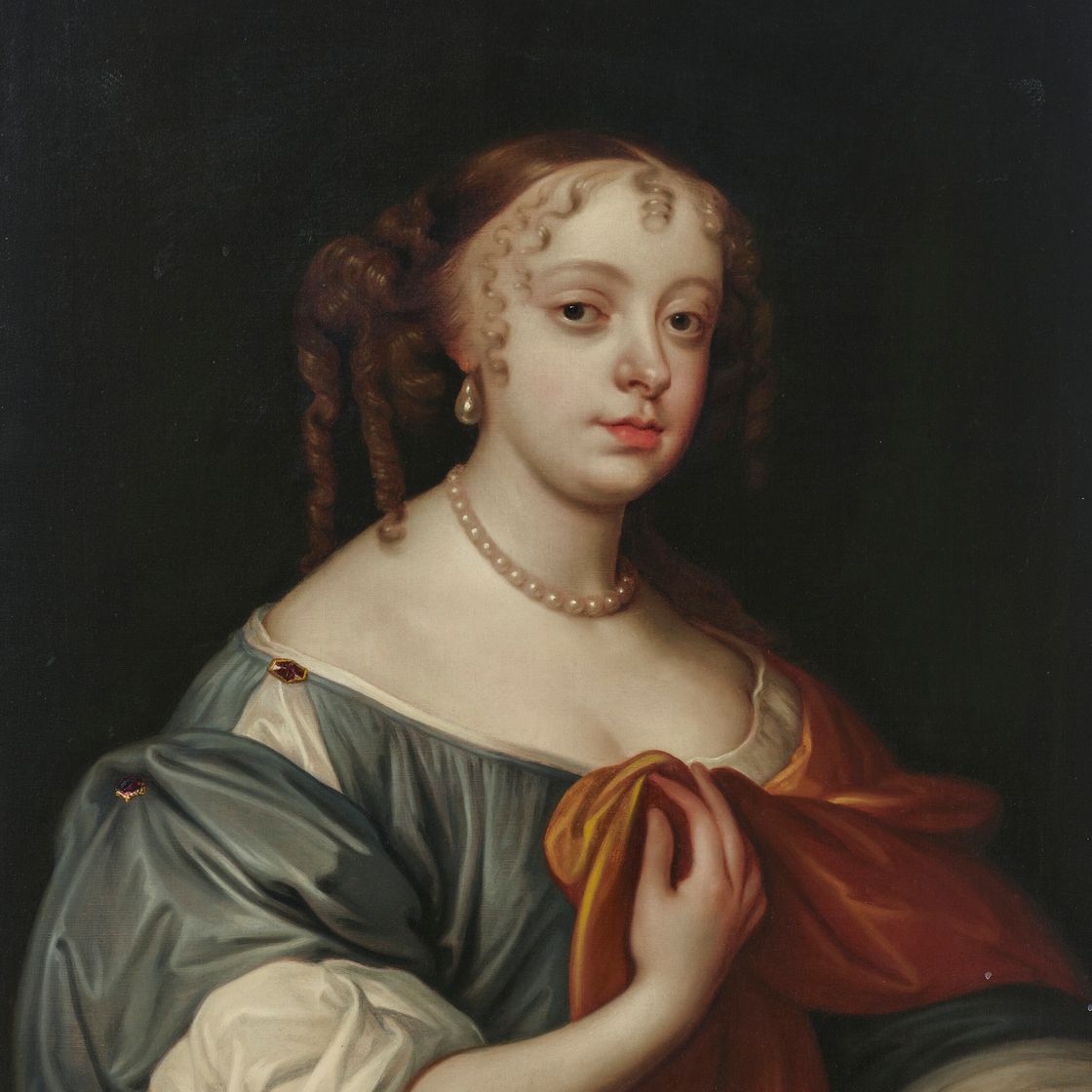 Peter Lely — Портрет Элизабет Лайон (1663-1723), урожденной Стратмор, графини Стратмор и Кингхорн, в полный рост, в голубом платье, изображение 1
