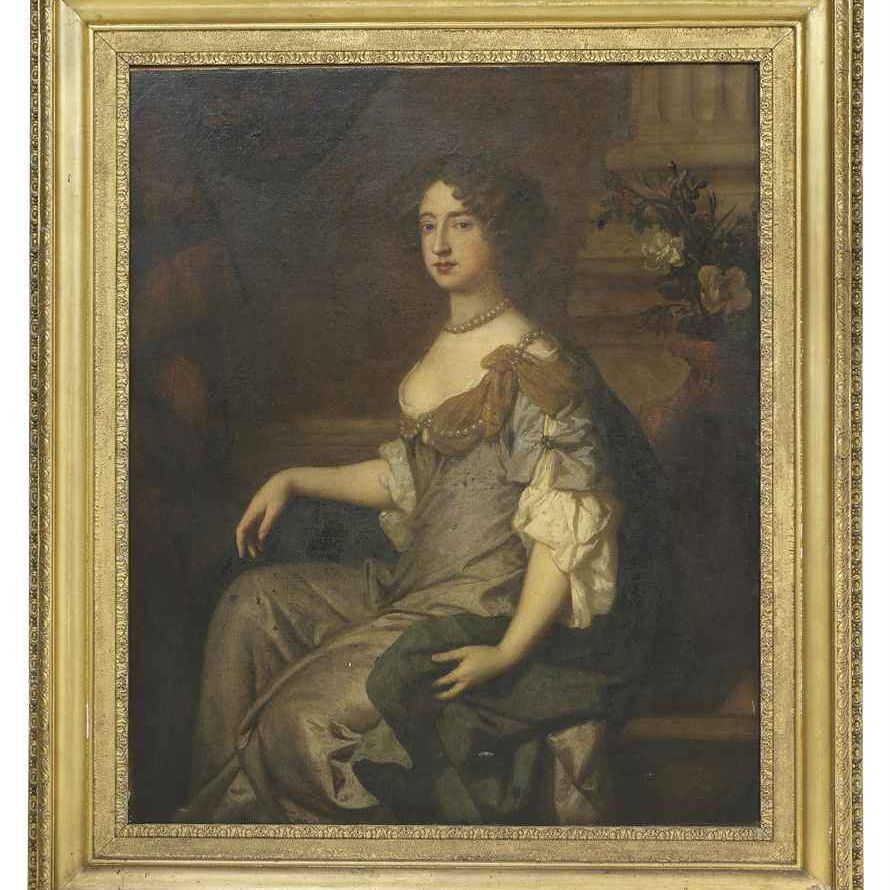 Peter Lely — Портрет королевы Марии II в образе принцессы Оранской, сидящей в три четверти роста, в голубом шелковом платье, с вазой цветов позади
