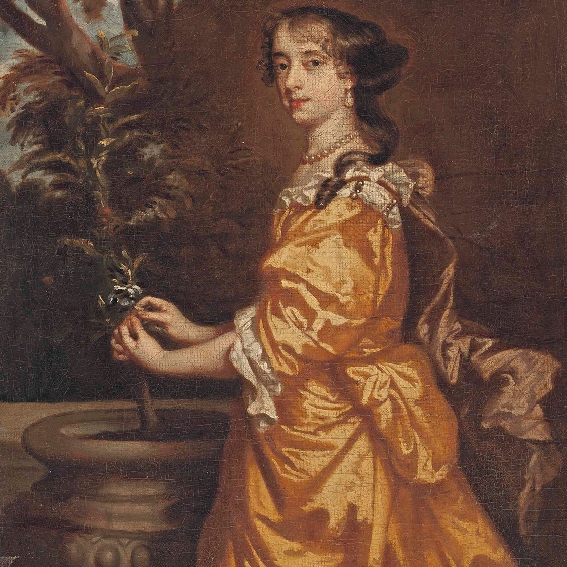 Peter Lely — Портрет дамы небольшого роста, в три четверти роста, в желтом платье, в саду