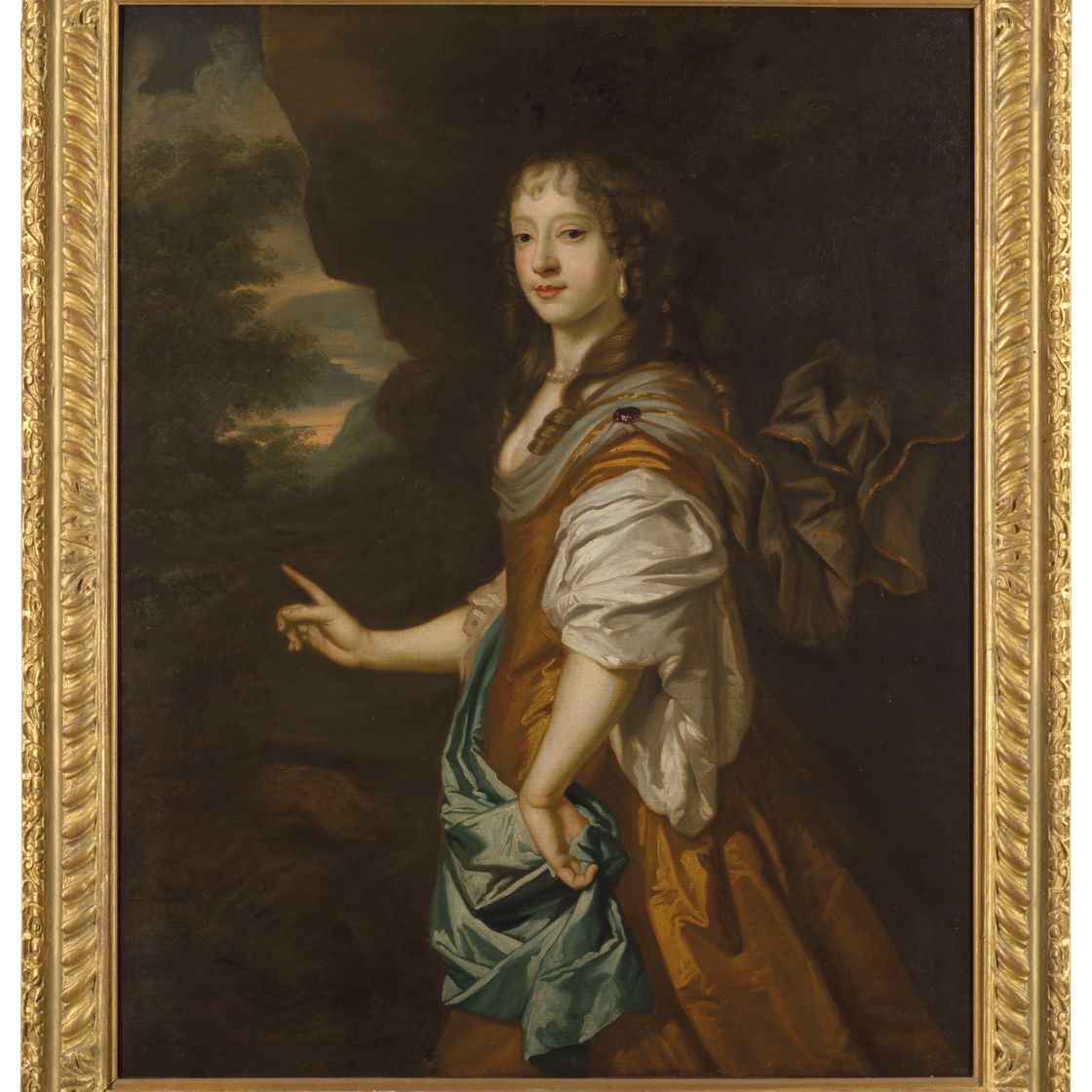 Peter Lely — Портрет дамы в три четверти роста, в золотистом платье и голубой накидке, пейзаж за окном, изображение 2