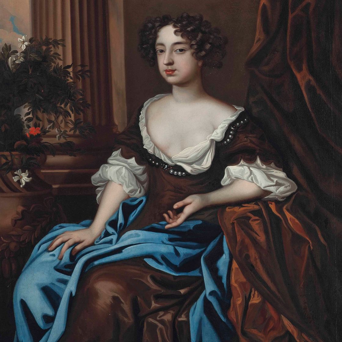 Peter Lely — Портрет дамы, традиционно именуемой леди Рич, в три четверти роста, в коричневом платье и синей накидке, сидящей в интерьере