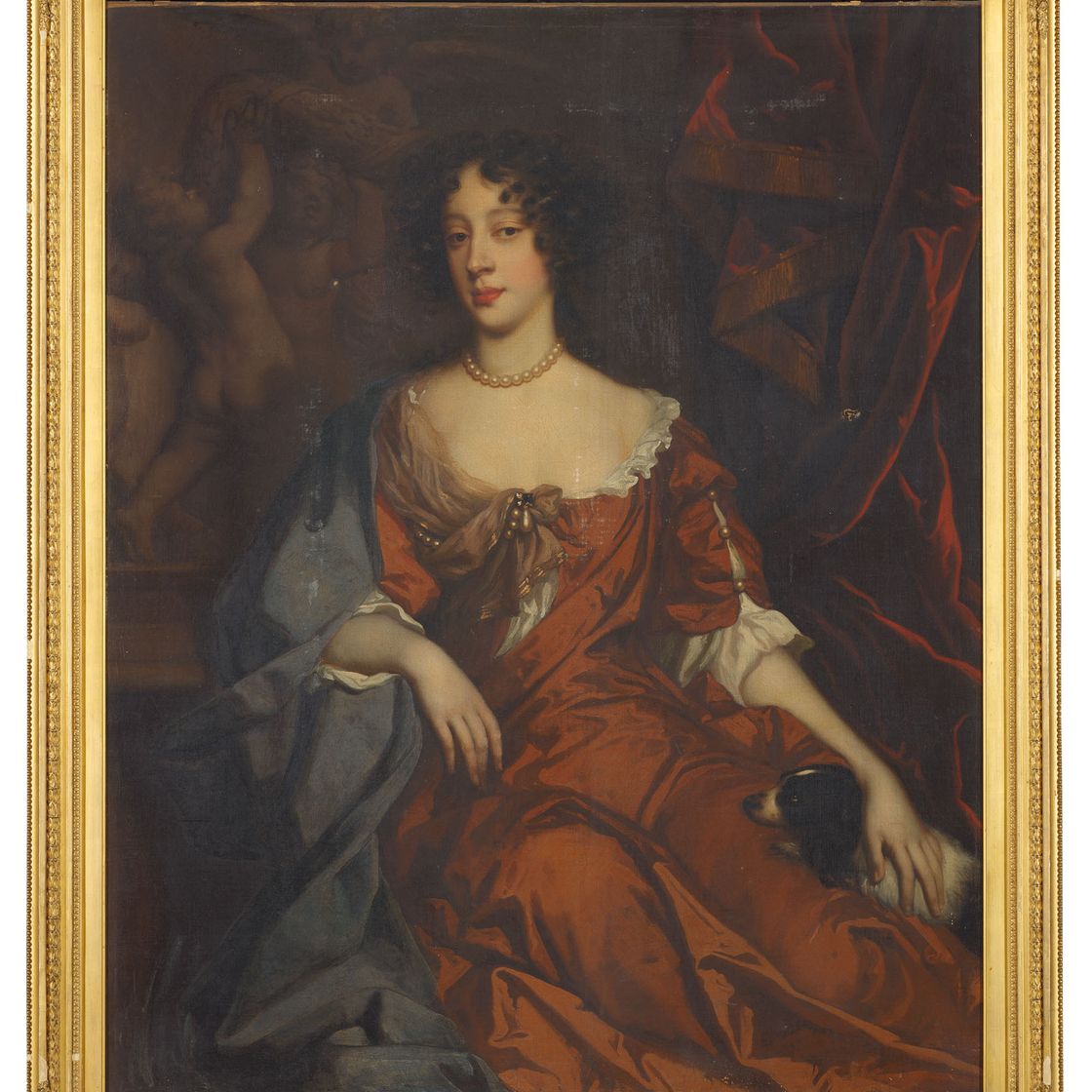 Peter Lely — Портрет Марии Моденской (1658-1718), рост в три четверти, в красновато-коричневом платье, с кинг Чарльз спаниелем