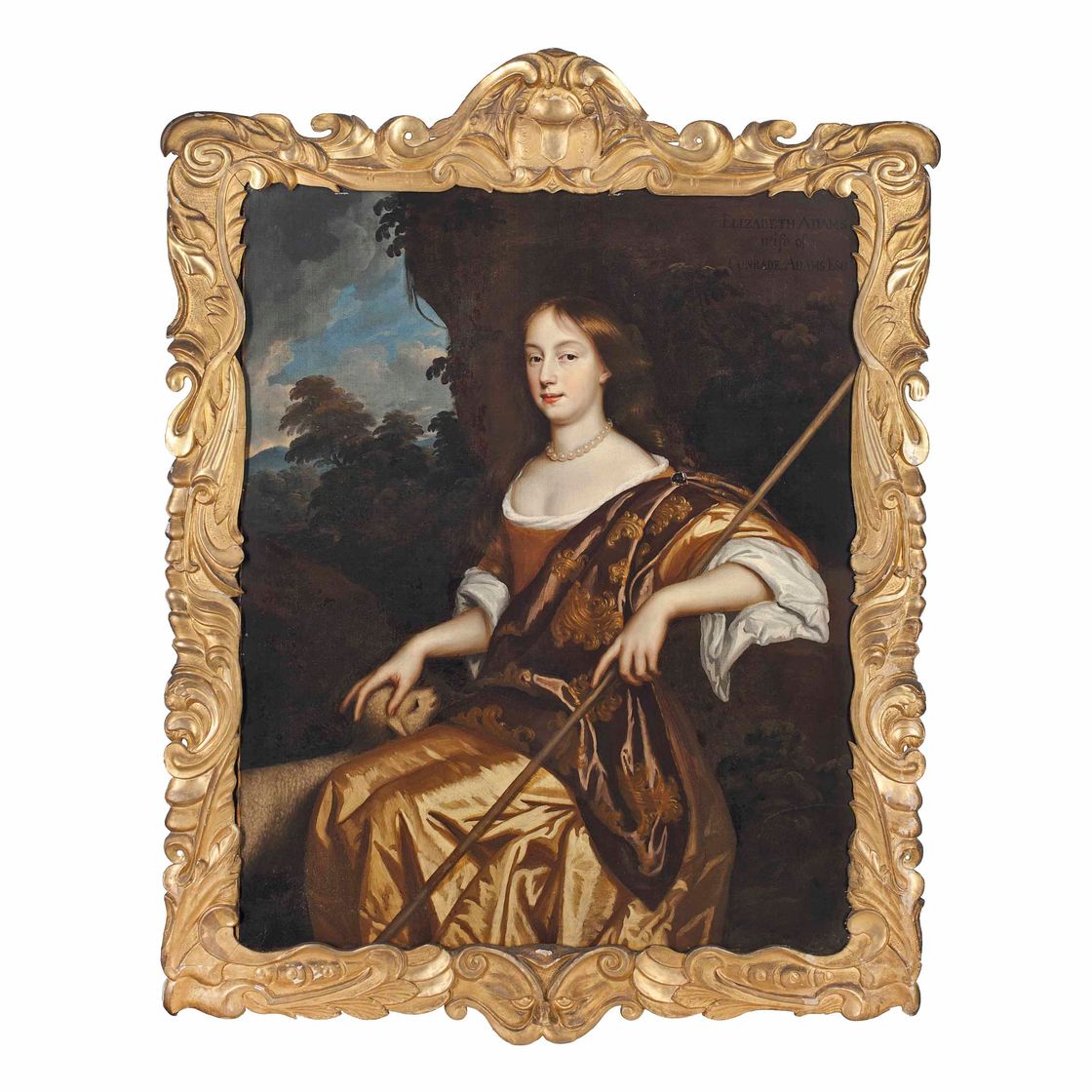 Peter Lely — Портрет Элизабет Адамс в виде пастушки, в три четверти роста, сидящей в золотом платье, с ягненком в левой руке, опирающейся на посох.