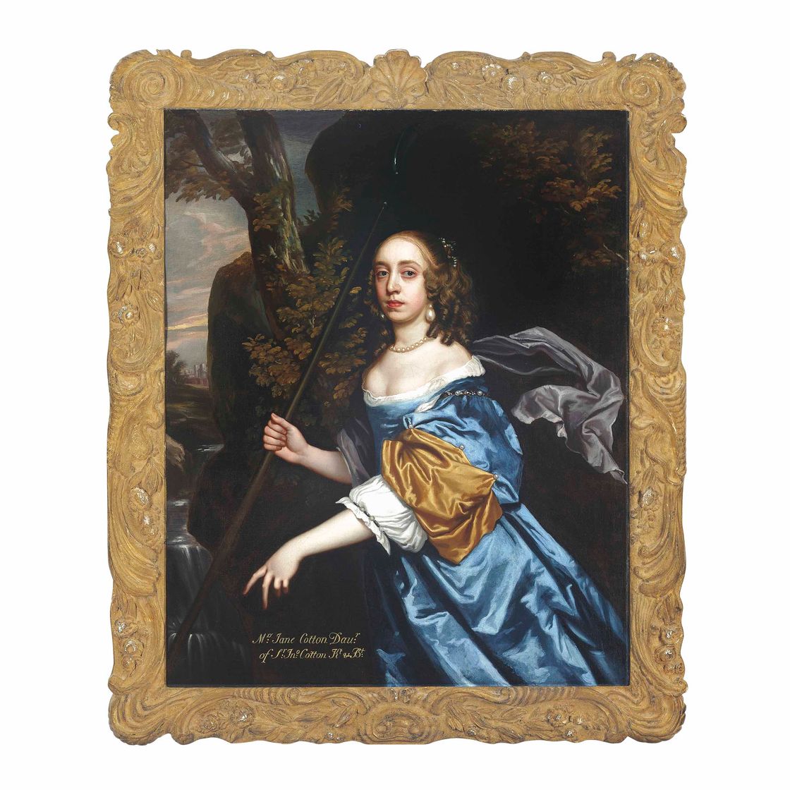 Peter Lely — Портрет леди, традиционно идентифицируемой как Джейн Коттон (1648-1707), в образе пастушки, в три четверти роста, в голубом платье, с жемчужными серьгами и ожерельем, с посохом в правой руке, на фоне пейзажа
