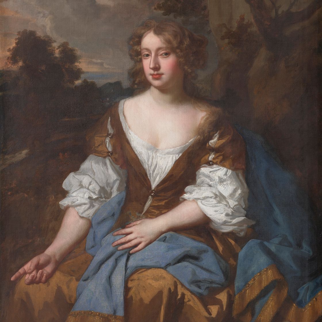 Peter Lely — Портрет дамы, традиционно идентифицируемой как Мэри "Молл" Дэвис (ок. 1651-1708), в три четверти роста, на фоне пейзажа, изображение 1
