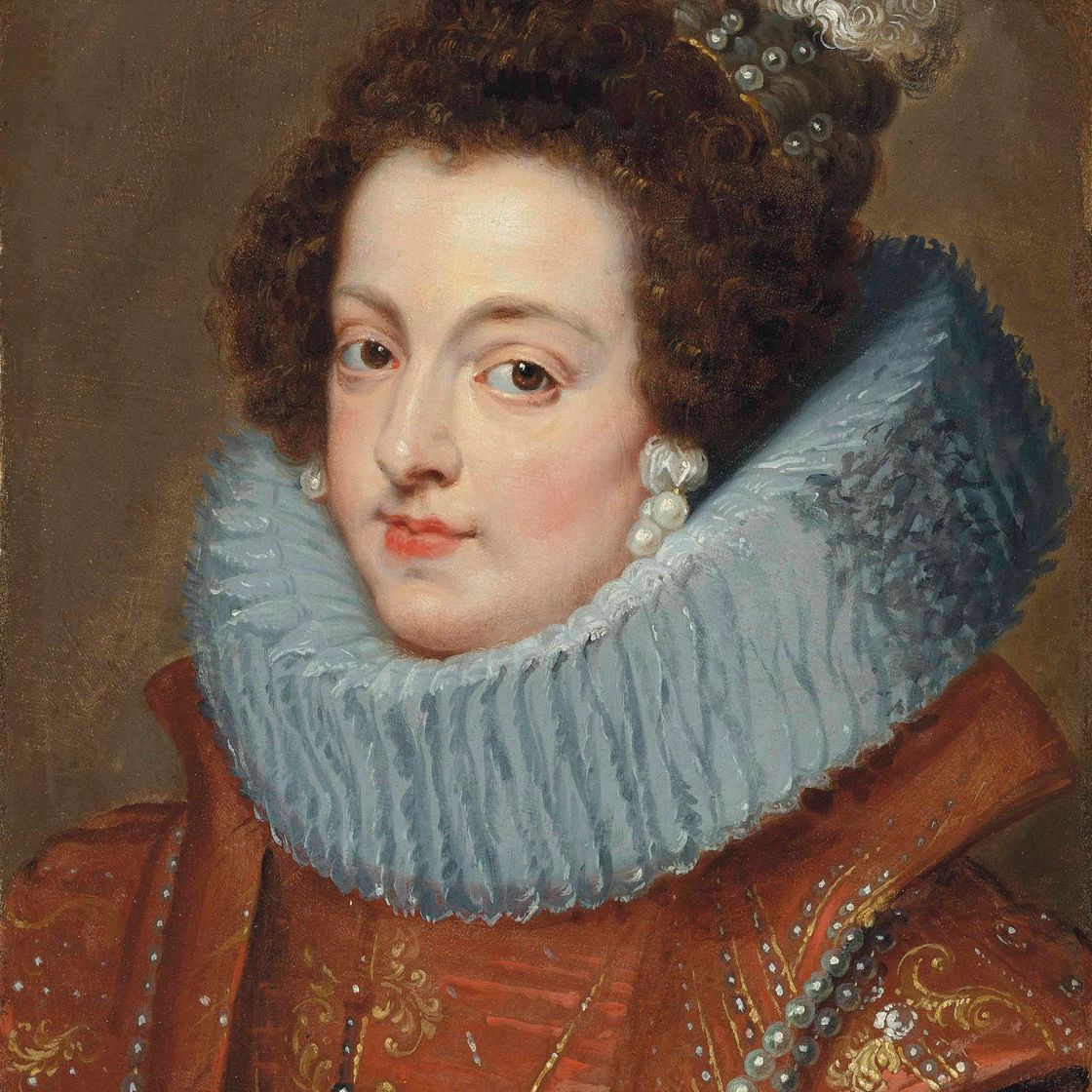 Peter Paul Rubens — Портрет королевы Изабеллы де Бурбон (1602-1644), длиной до груди, в красно-золотом платье, с белой оборкой и жемчужными серьгами, жемчугом и перьями в волосах