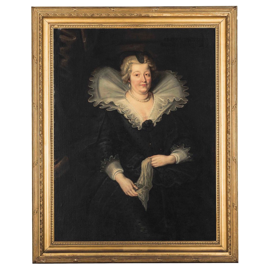 Peter Paul Rubens — Портрет Марии Медичи, королевы Франции (1573-1642), рост три четверти, в черном платье с кружевными оборками и манжетами, с жемчужными серьгами и ожерельем