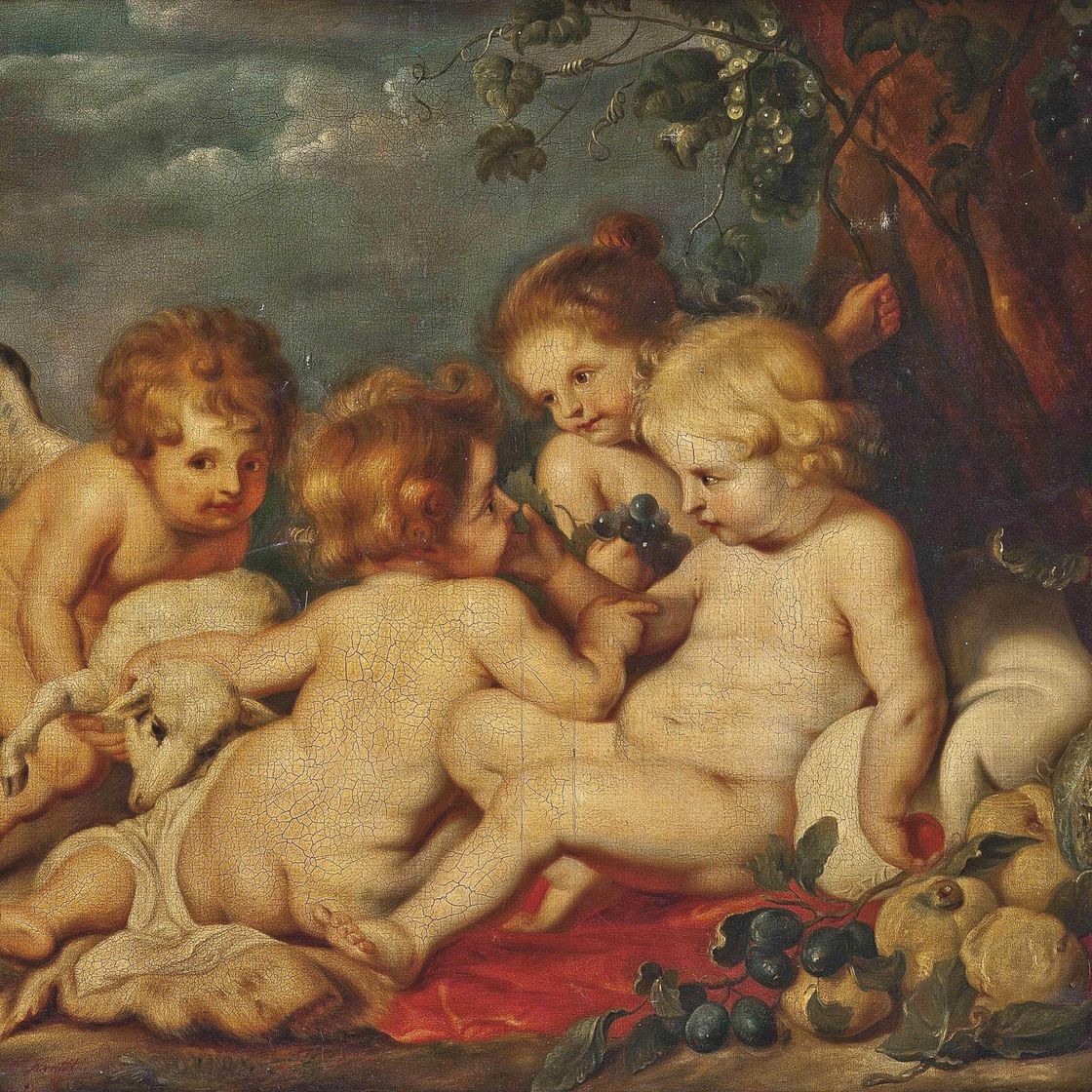 Peter Paul Rubens — Младенец Христос и младенец Святой Иоанн Креститель с Путти на лесной поляне