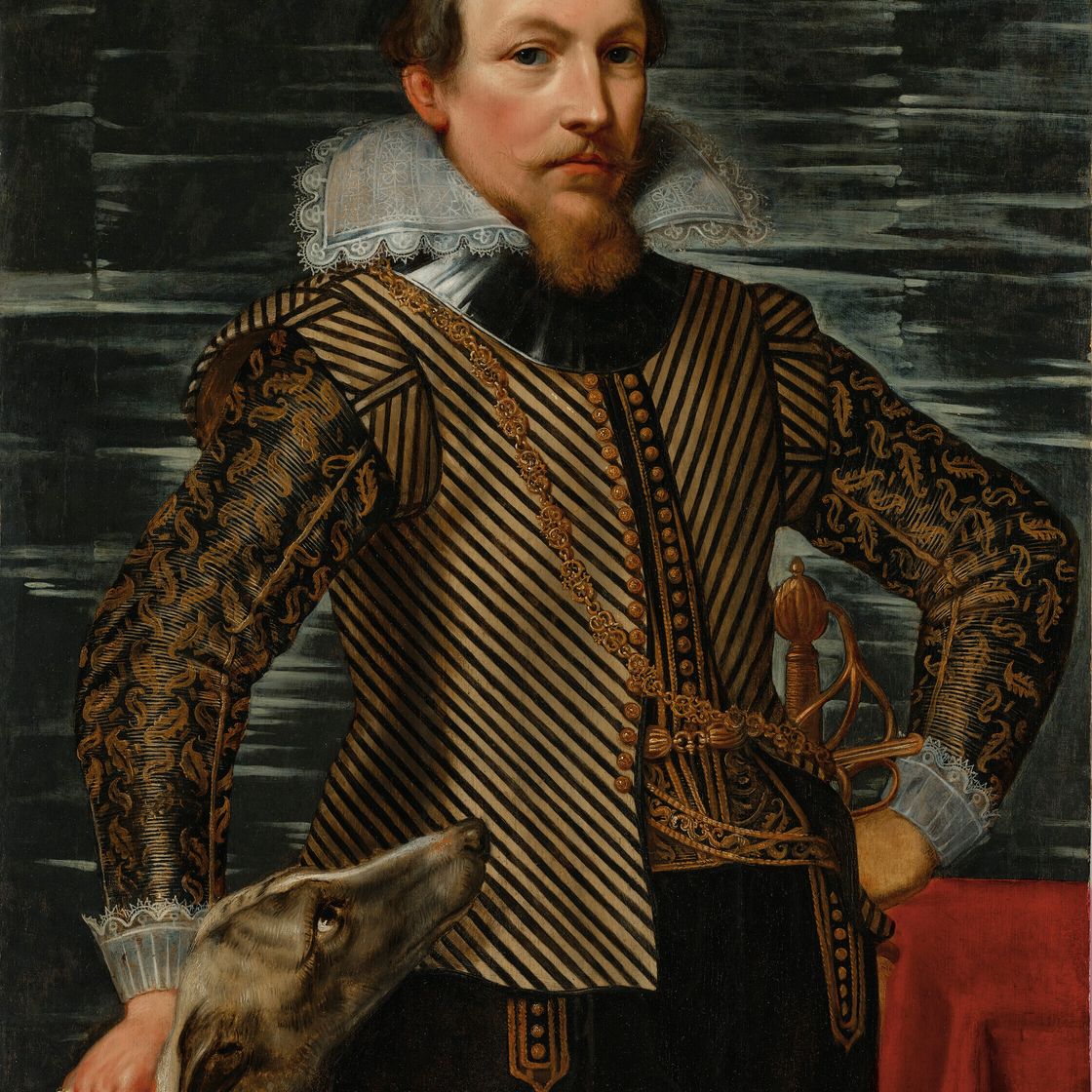 Peter Paul Rubens — Портрет джентльмена в три четверти роста, в полосатом пиджаке, стоящего у стола с борзой, изображение 1