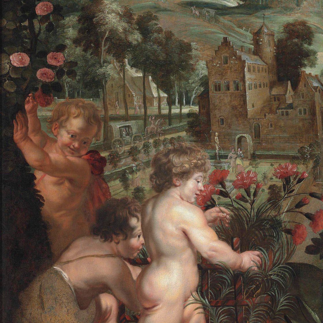 Peter Paul Rubens — Путти расставляет цветы в формальном саду, за которым на вершине холма видна деревня - фрагмент