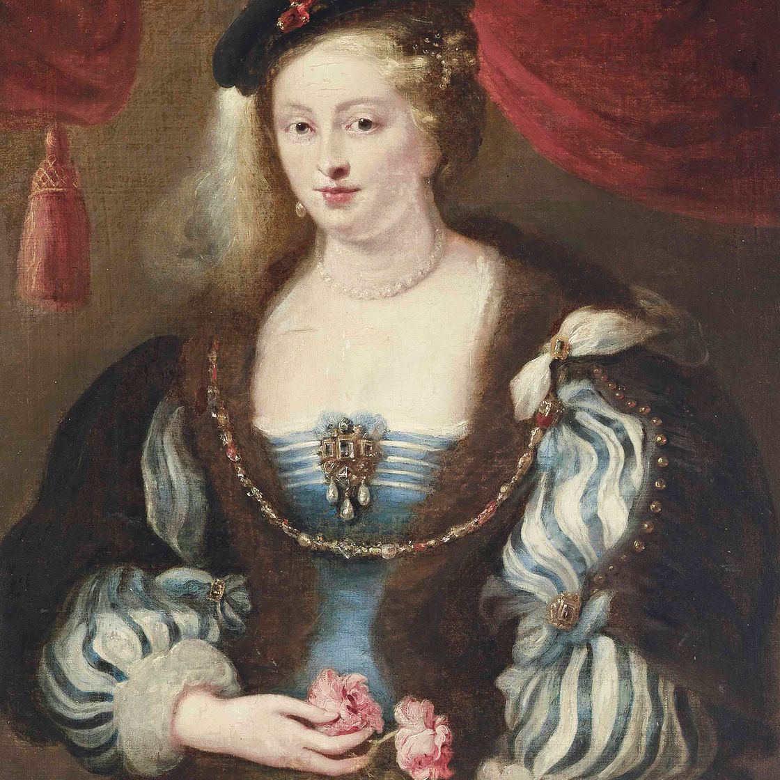 Peter Paul Rubens — Портрет дамы, традиционно идентифицируемой как Элен Фоурман (1614-1673), в полный рост, в шляпе с перьями, с розами в правой руке.