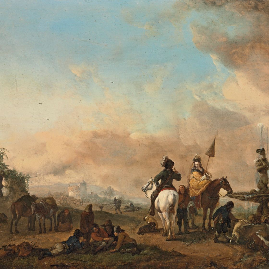 Philips Wouwerman — Группа соколиных охотников отдыхает у фонтана
